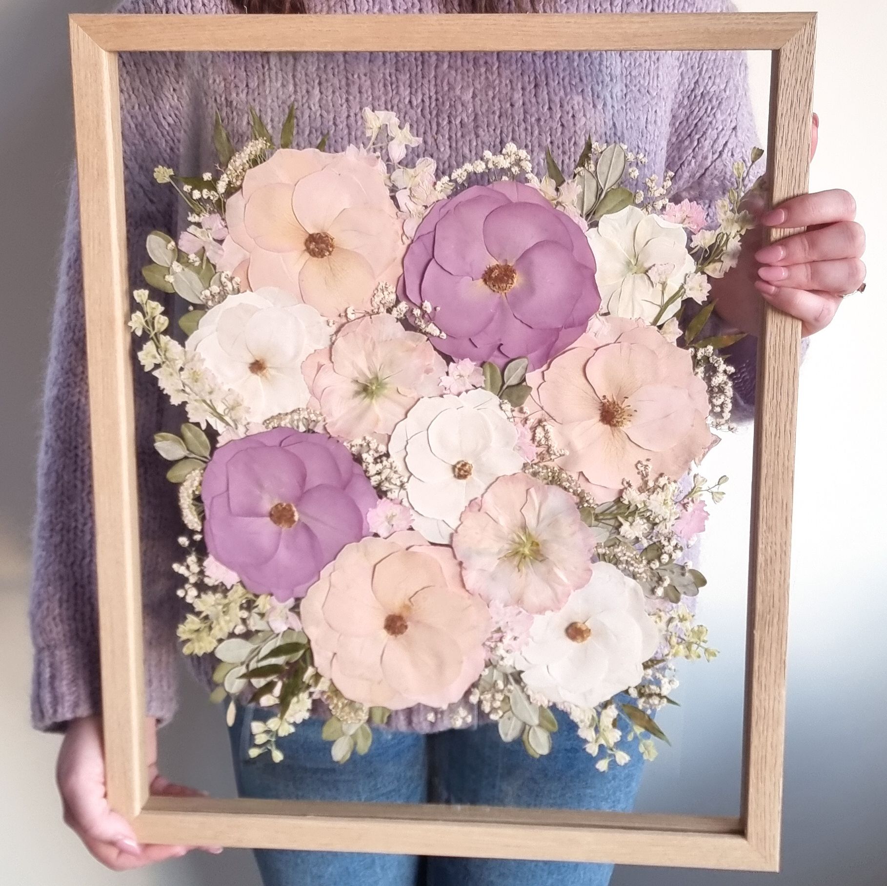 The Clare wedding bouquet and flower preservation frame. This is our largest preservation package and includes a large solid wood frame.