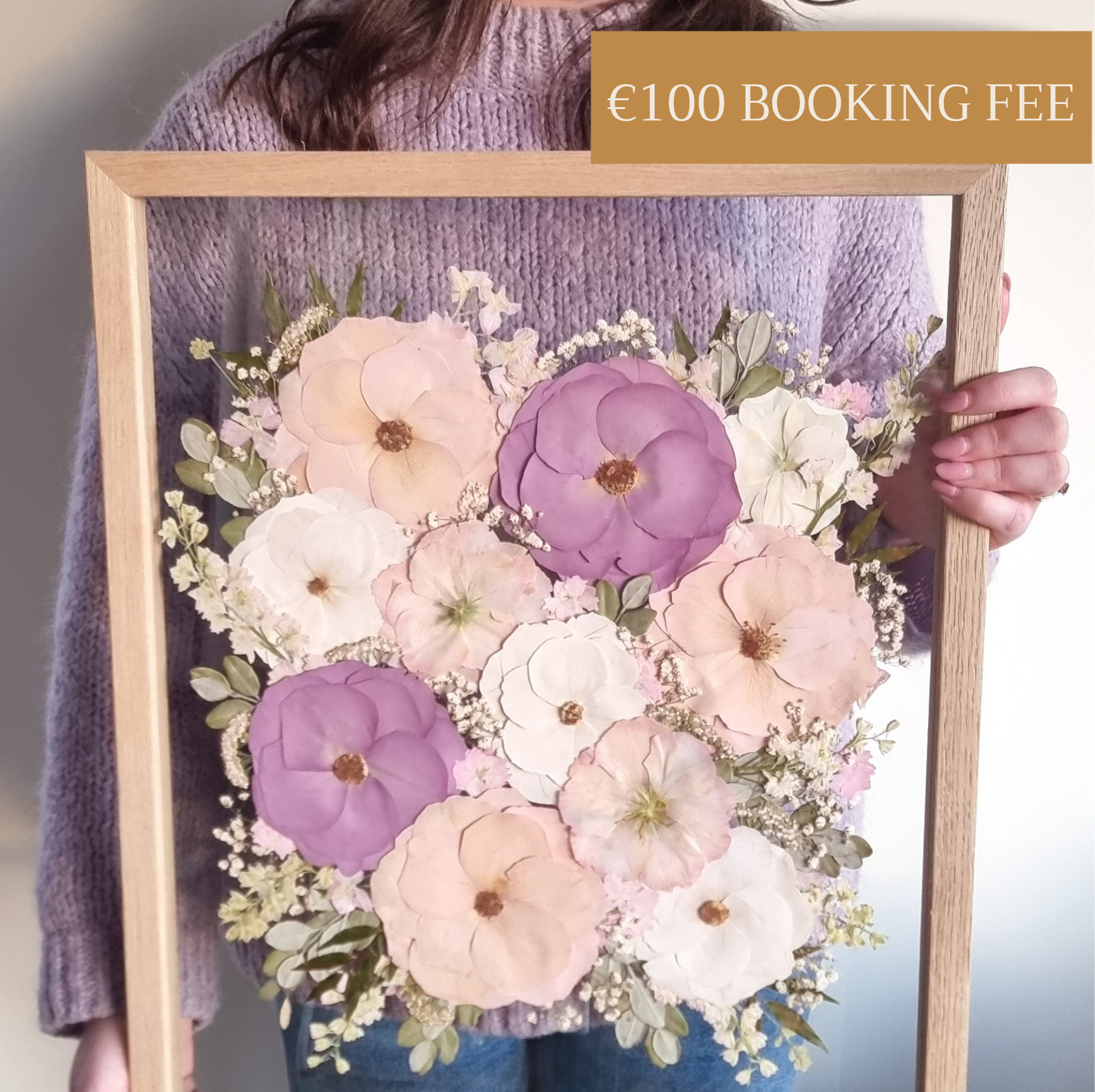 The Clare wedding bouquet and flower preservation frame. This is our largest preservation package and includes a large solid wood frame.